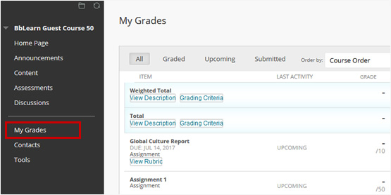 Screenshot highlighting how to access grades for your courses