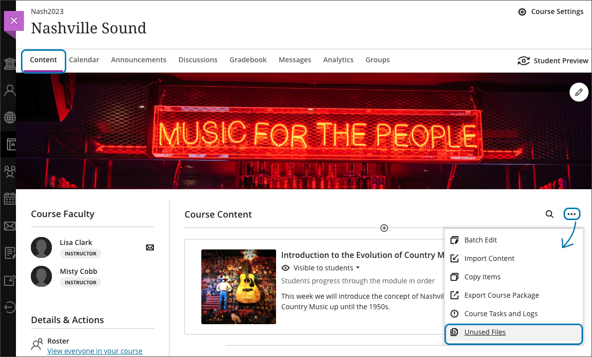 access the unused files management tool by clicking the ellipsis menu at the top right of your course