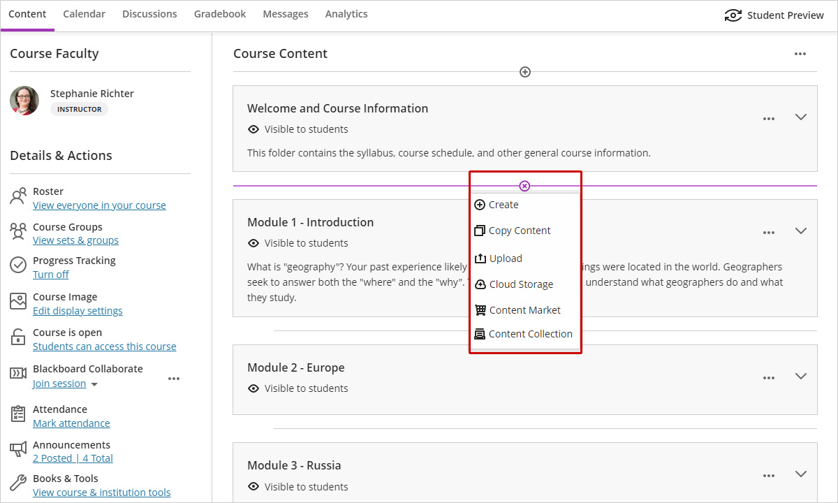 blackboard ultra course view highlighting the menu to add content