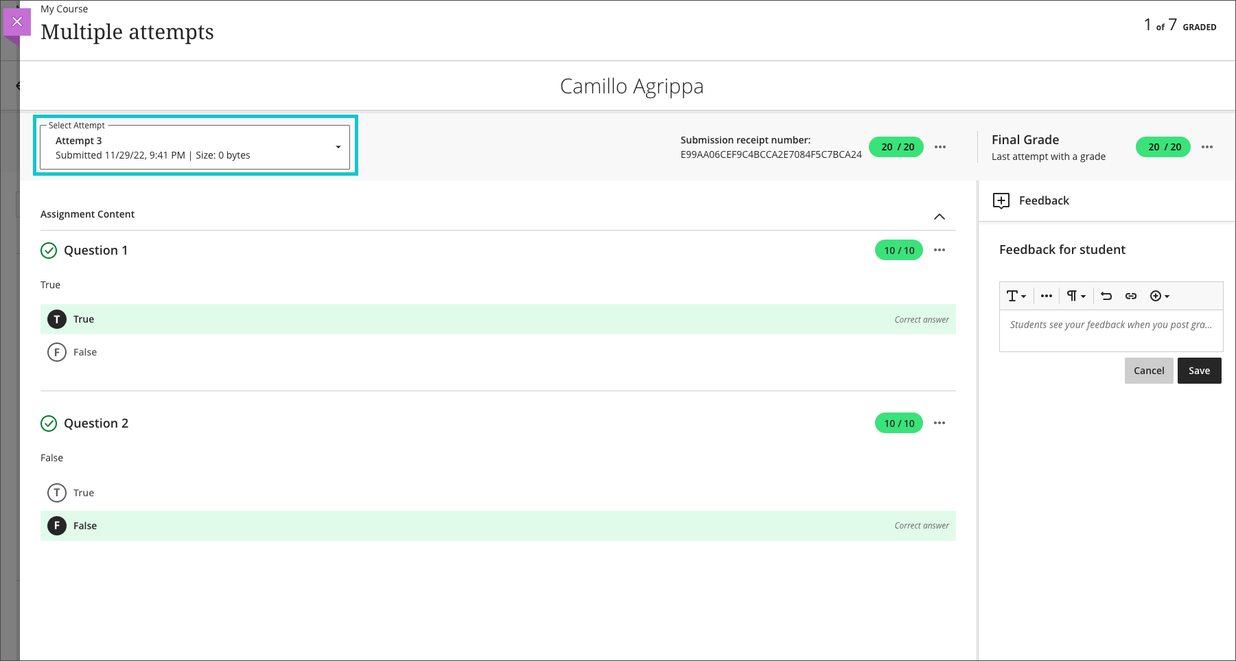 screenshot of a test in Blackboard Ultra with the Select Attempt drop-down menu highlighted