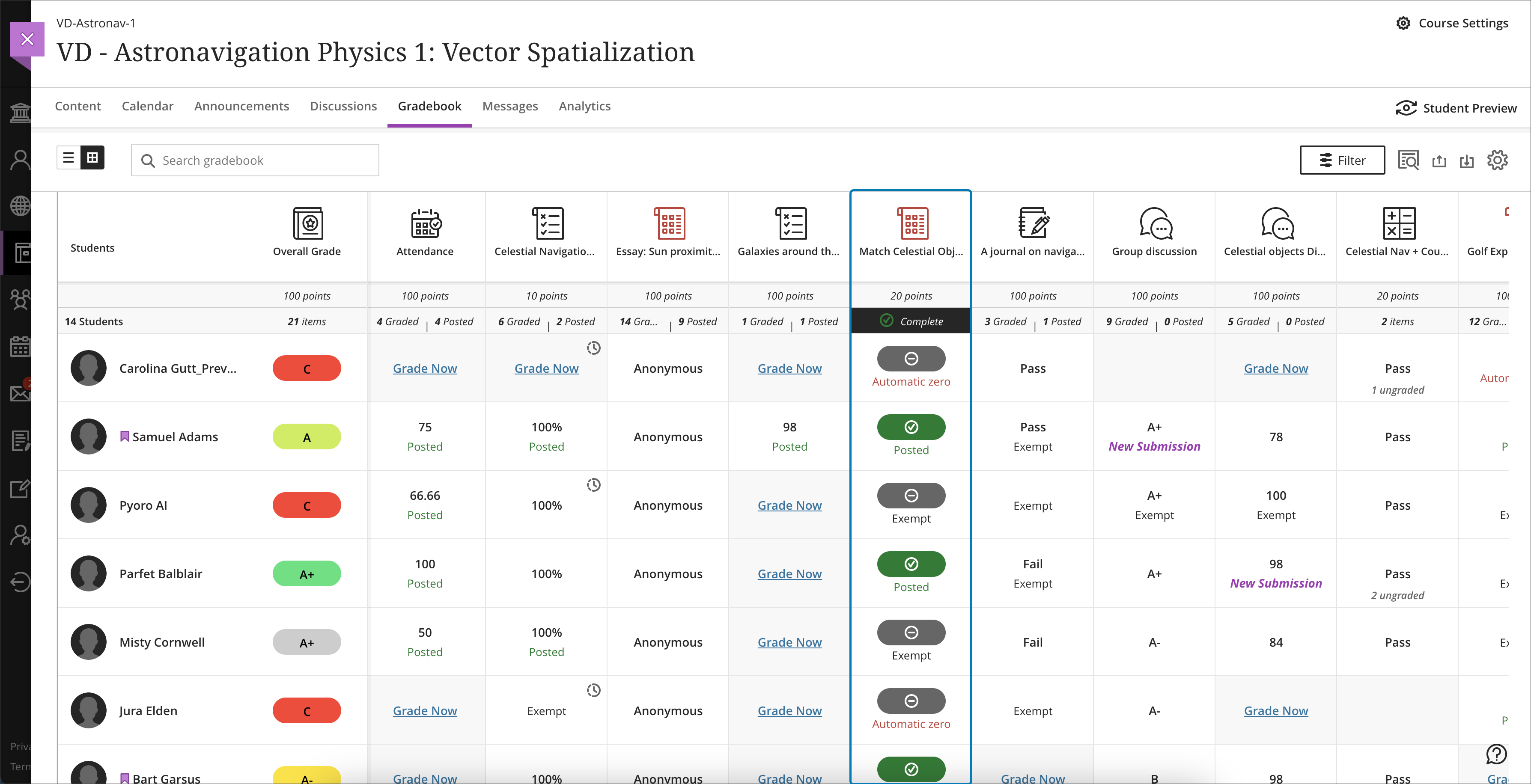 screenshot of a gradebook with a column using the complete / incomplete schema