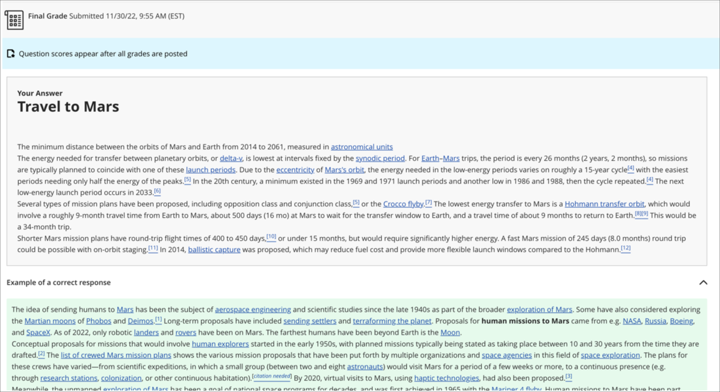 screenshot showing the student's submitted answer and the model response to an essay question