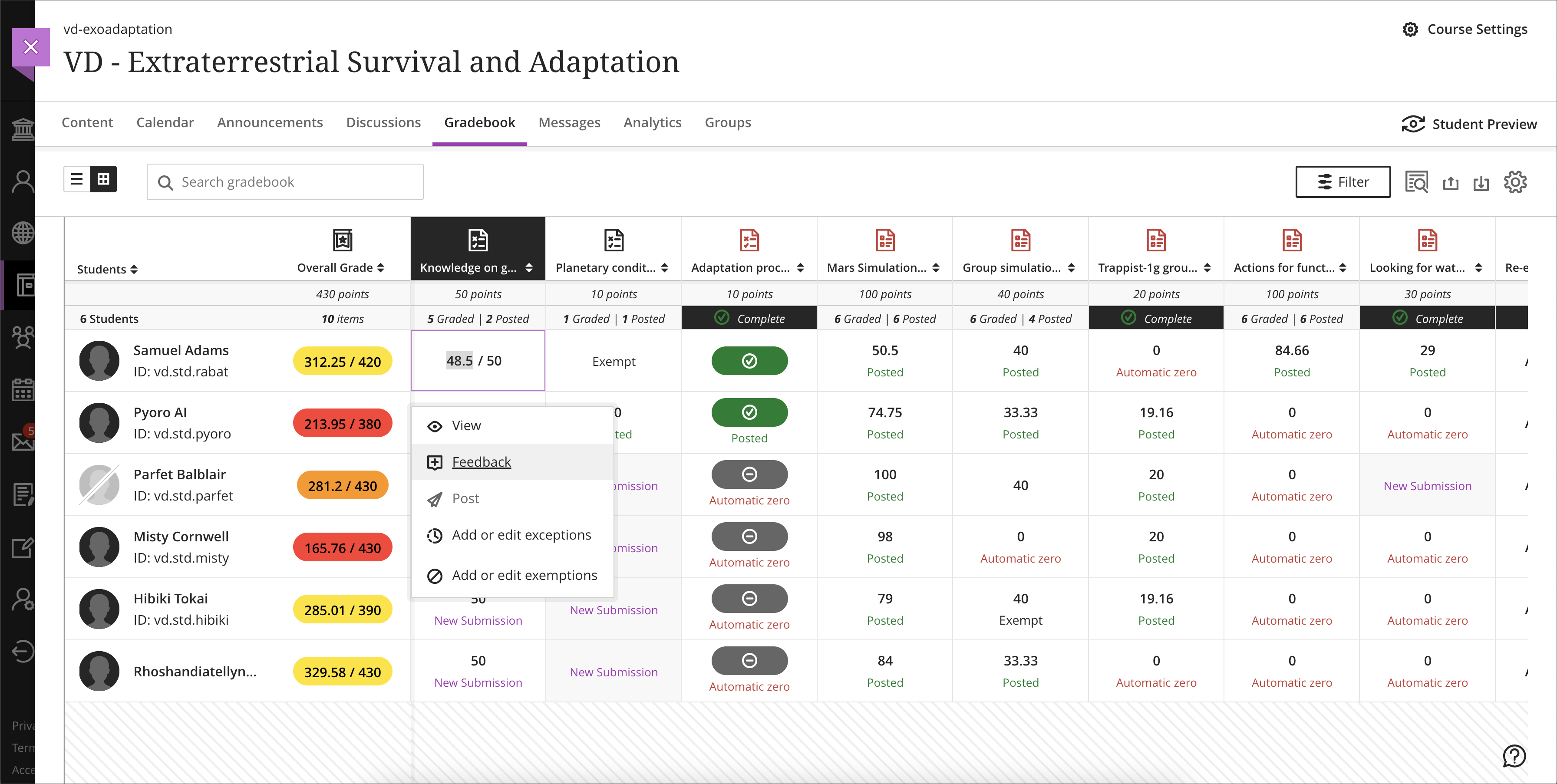 screenshot of the gradebook grid view showing the feedback menu open for an assignment cell