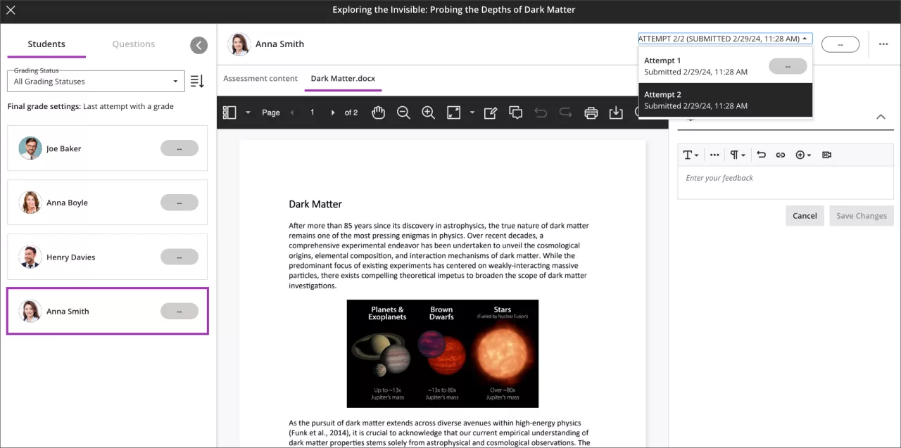 screenshot of flexible grading with the attempt selector open