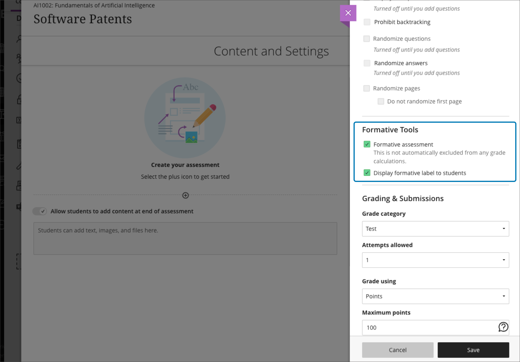 screenshot highlighting the Formative Assessment setting on an Assignment