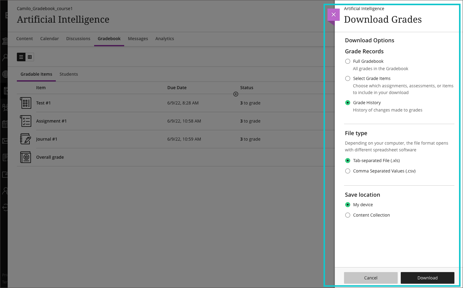 download the grade history from the work offline menu