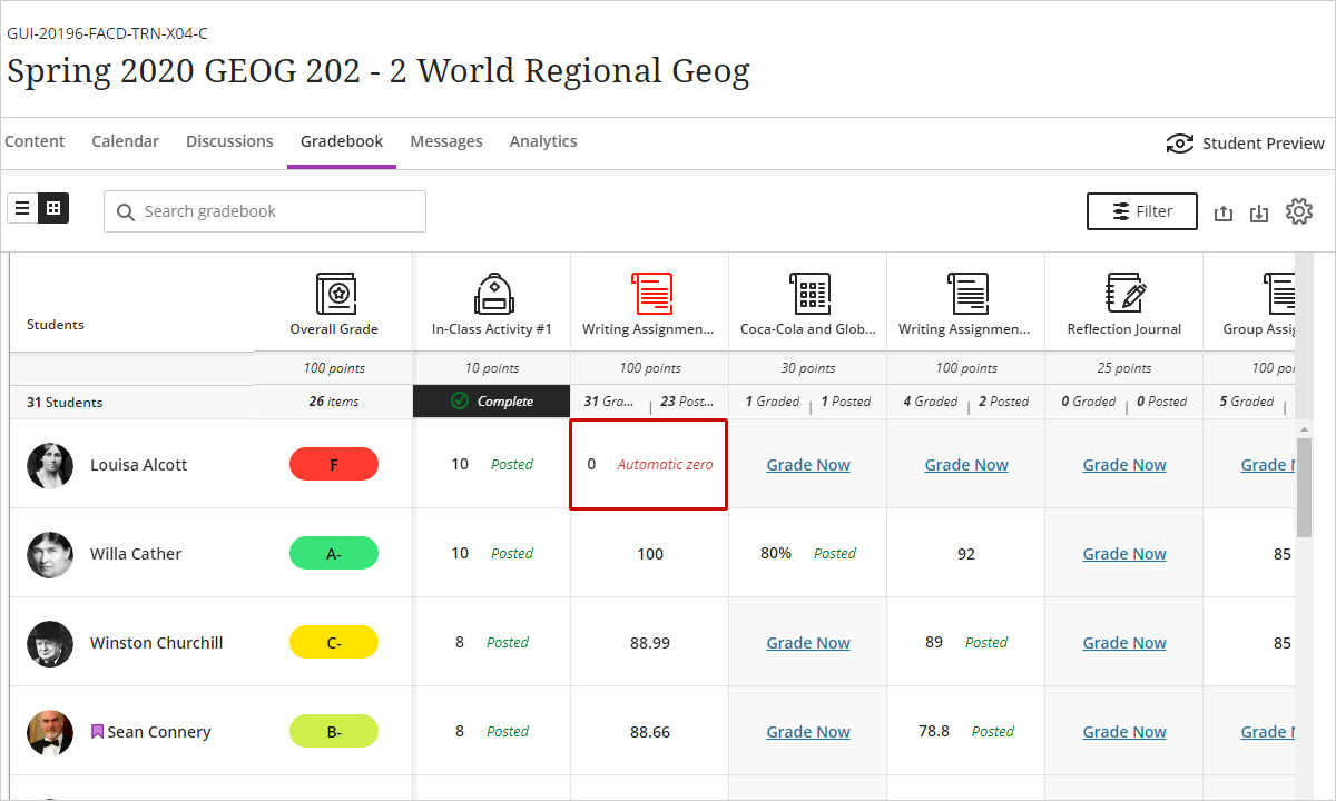 gradebook with a zero that was assigned automatically due to a missed submission after the due date