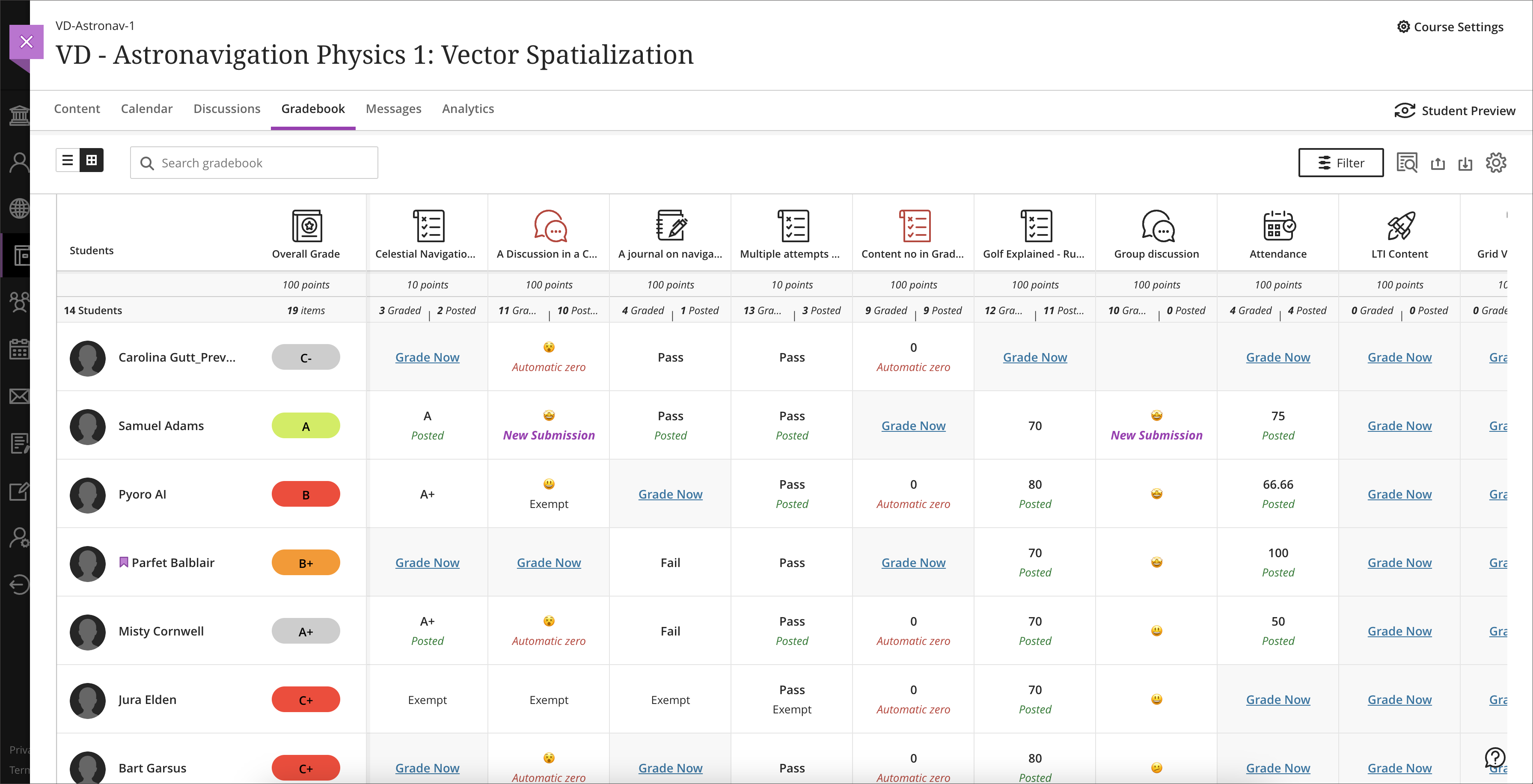 screenshot of gradebook grid view with multiple schemas in use