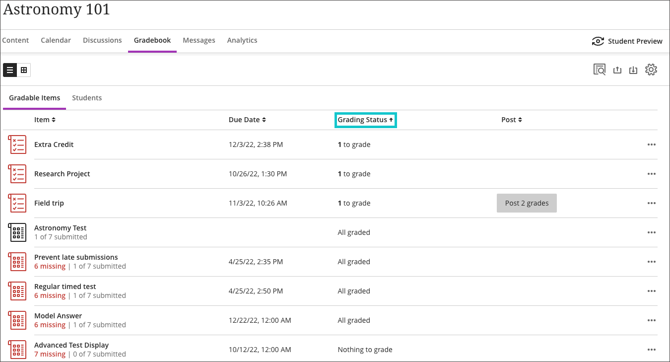 screenshot of the gradebook list view highlighting the grading status column