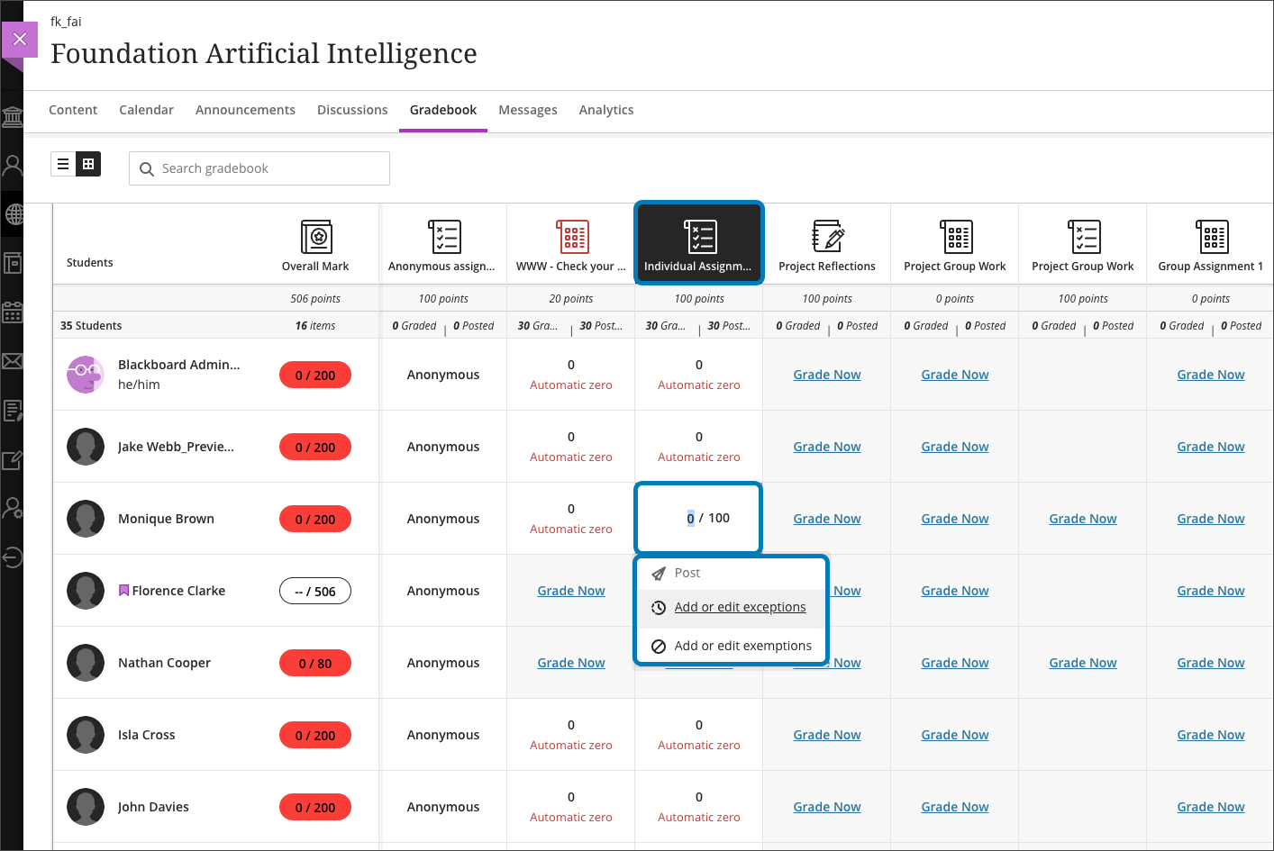 screenshot of gradebook grid view showing the option to add or edit exceptions for a particular cell