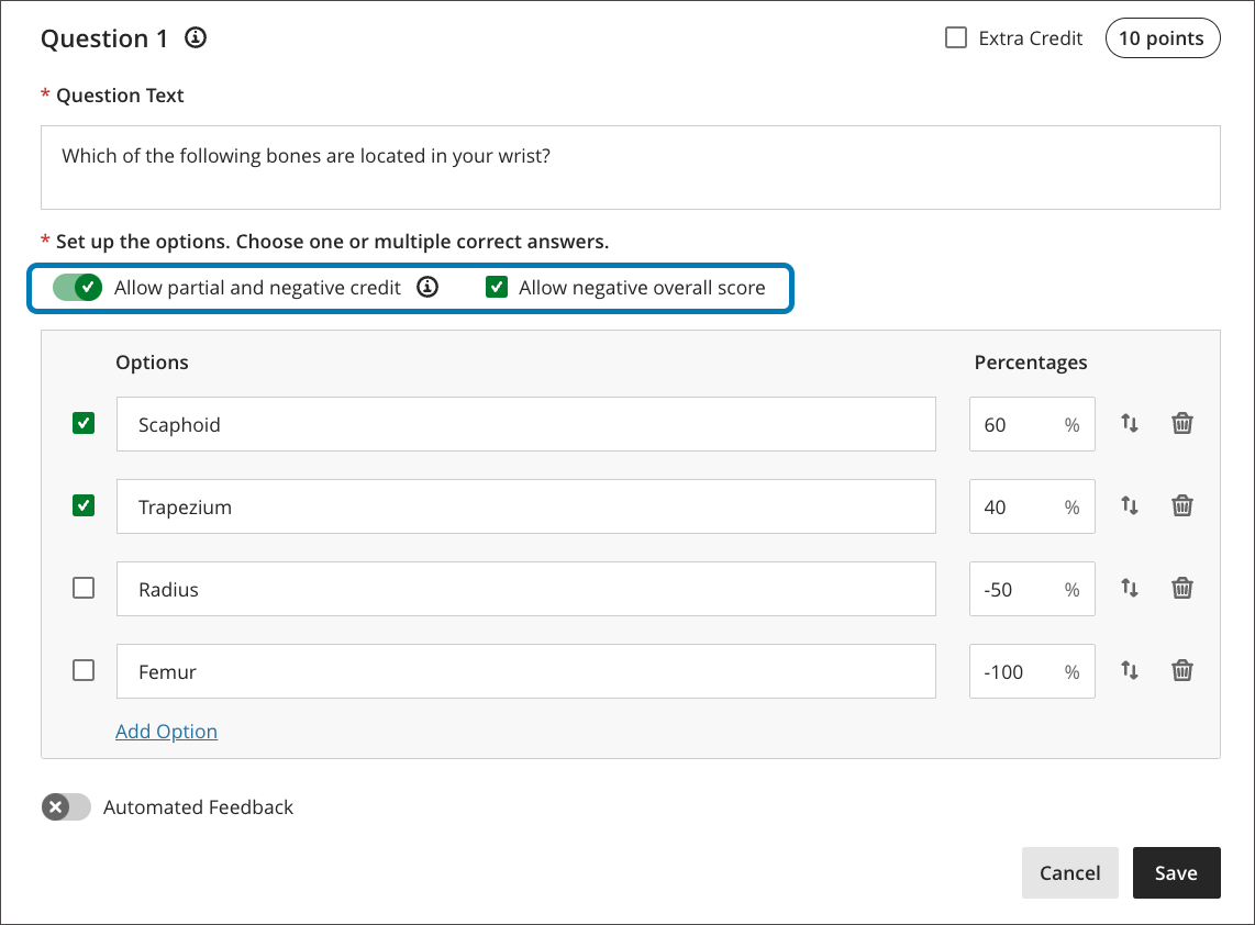 screenshot of a multiple answer question highlighting the settings to enable partial and negative credit