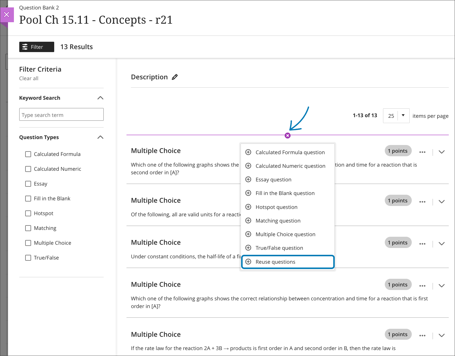 screenshot showing the reuse questions option on a Question Bank