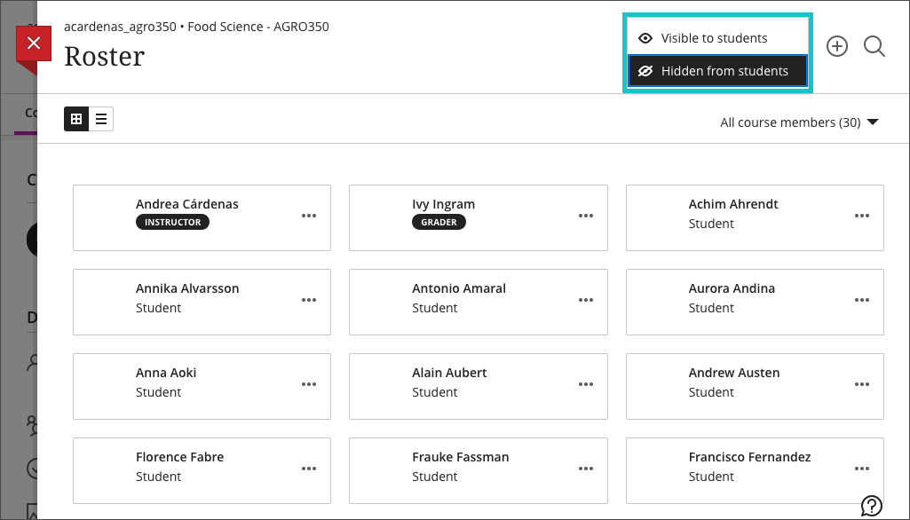 screenshot of the roster in a Blackboard Ultra course highlighting the visibility menu in the upper right