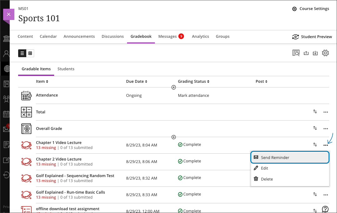 screenshot of the Ultra Course View gradebook in List View demonstrating the ellipsis menu for a single assessment