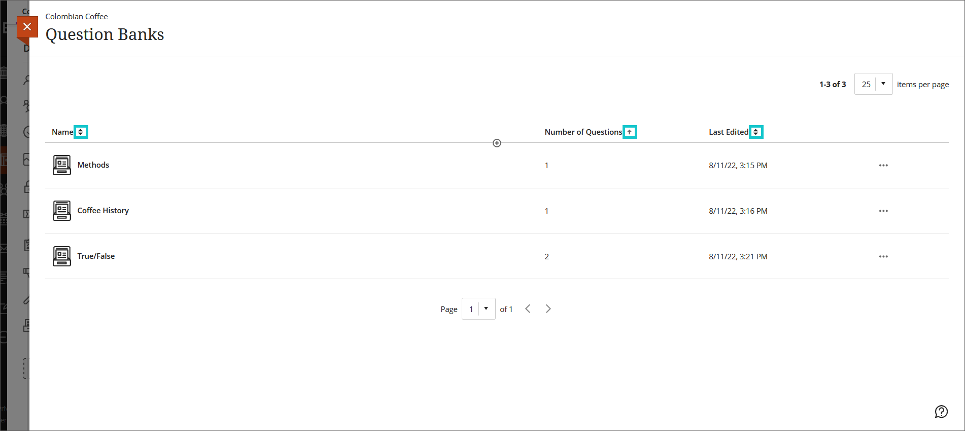 screenshot of question bank page highlighting the column headers that can be used for sorting