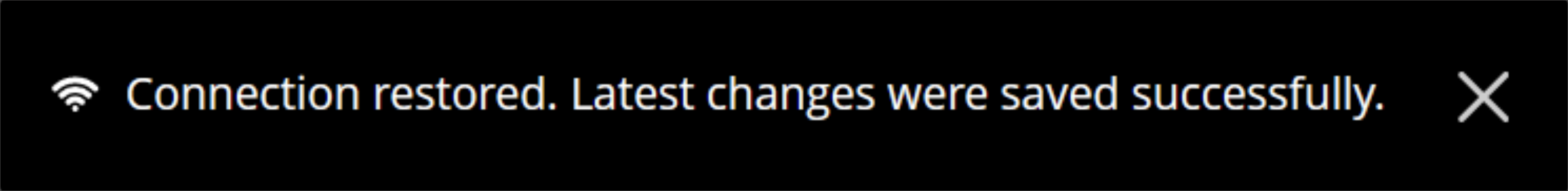 warning message reads "Connection restored. Latest changes were saved successfully."