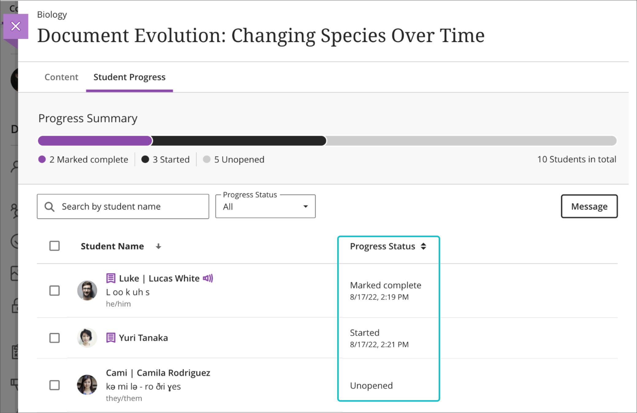 screenshot of student progress report