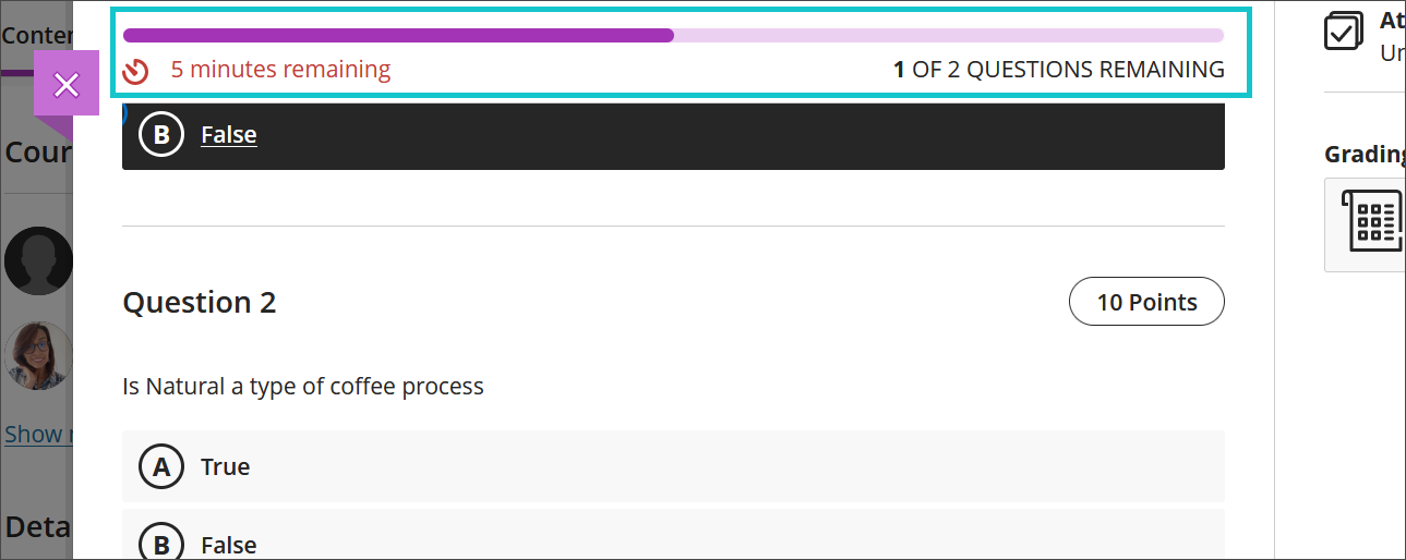 the test header displays 5 minutes remaining for the test and 1 of 2 questions remaining to be answered