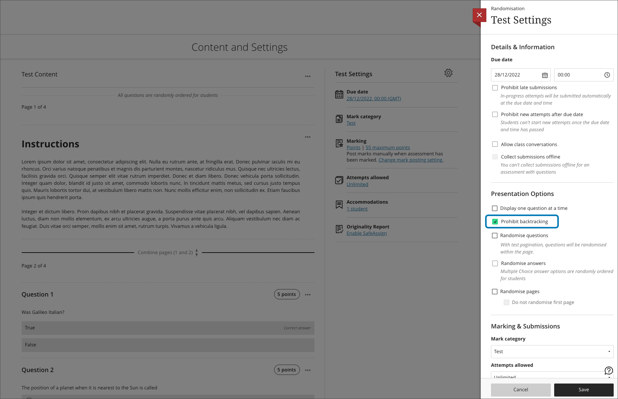 screenshot of the test settings in Blackboard highlighting the checkbox for Prohibit Backtracking