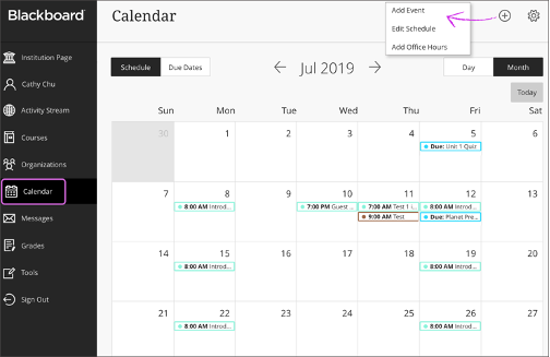 Bb Calendar Add Event upper right corner 