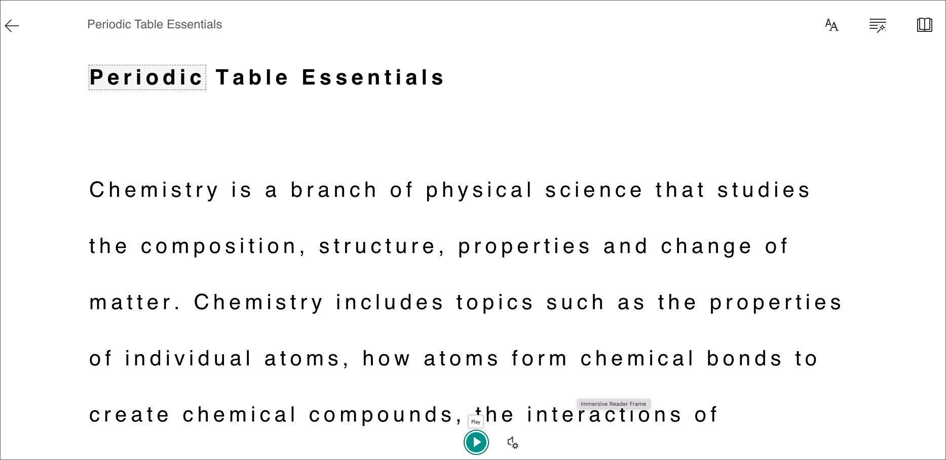 screenshot of text on the periodic table in the Microsoft Immersive Reader