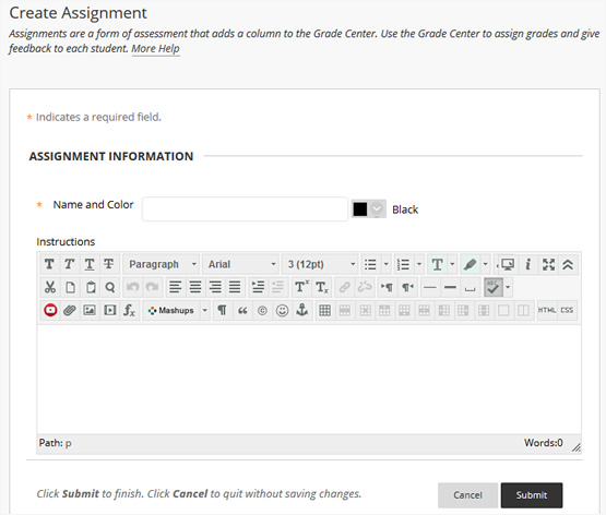 Screenshot highlighting process to create an assignment