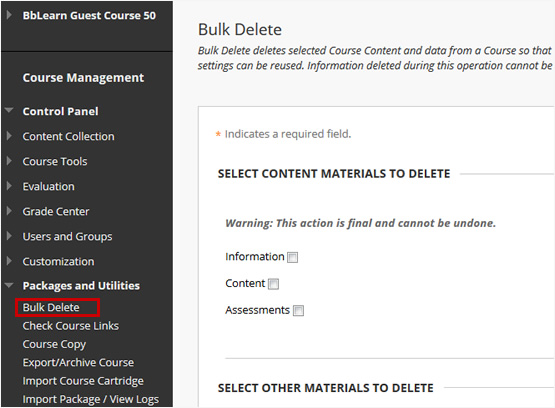 Screenshot highlighting how to access bulk deletion of courses
