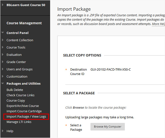 Screenshot highlighting how to access the Import Package or View Logs feature