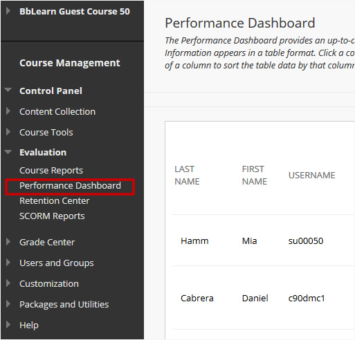 Screenshot highlighting how to access the performance dashboard