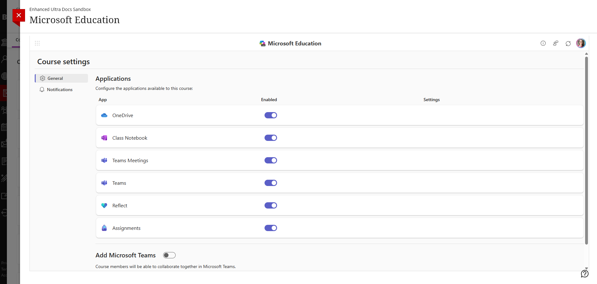 screenshot of the Microsoft Education configuration showing the sliders to select applications