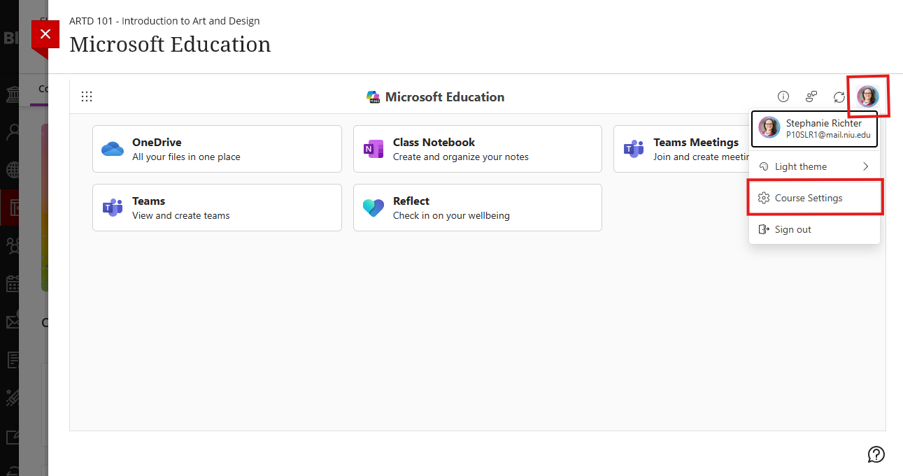 screenshot of the Microsoft Education integration showing the settings menu.
