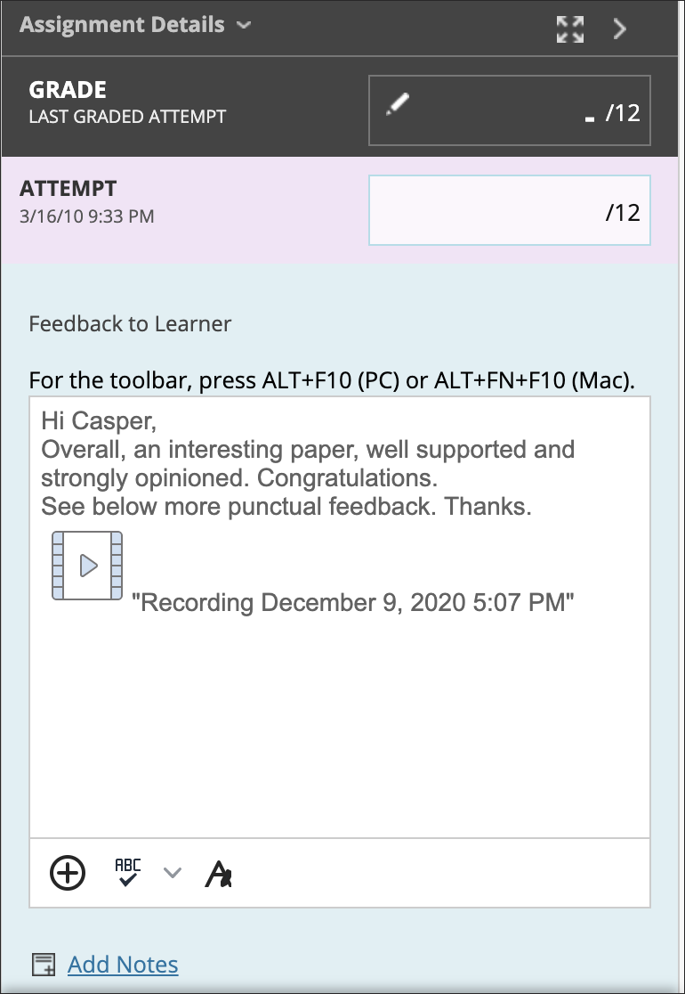 screenshot of audio and video feedback recording in the feedback to learner panel