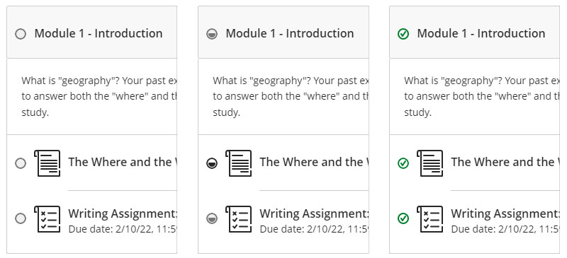 progress tracking icons are empty when a student has not yet access the item, partially filled when they have opened it, and filled with a checkmark when they have completed the item