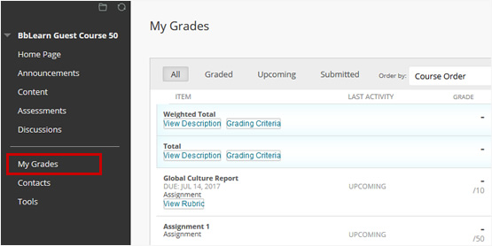 Screenshot highlighting how to access grades for your courses
