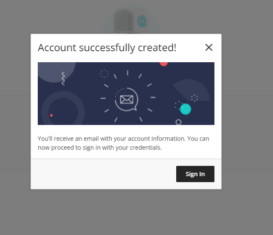 screenshot of account creation success message