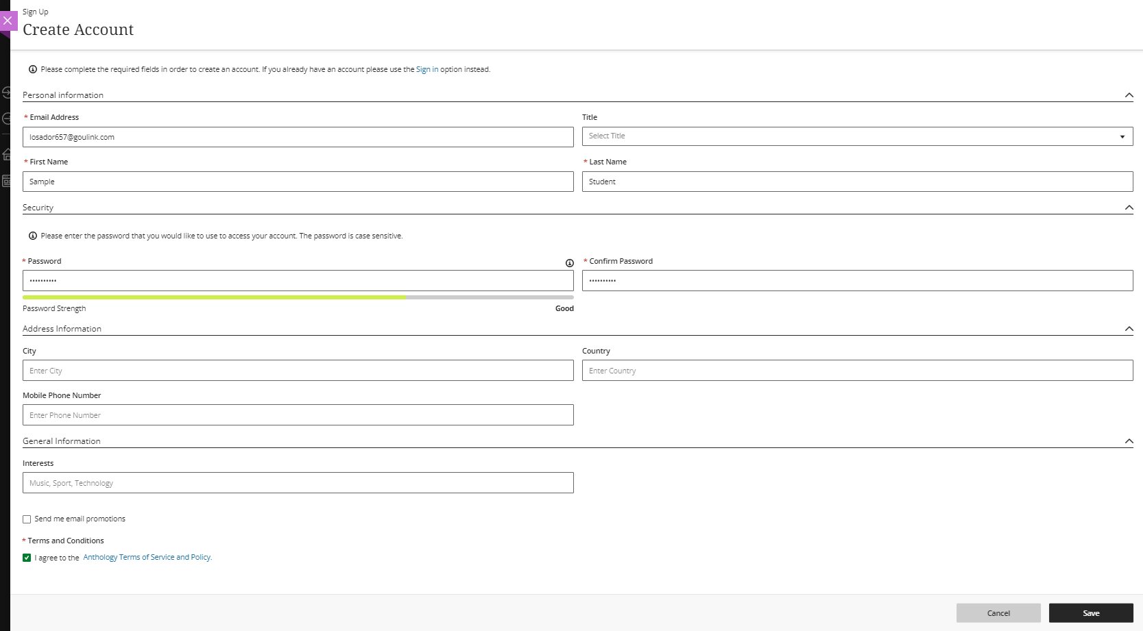 screenshot of NIU TDM Create Account page