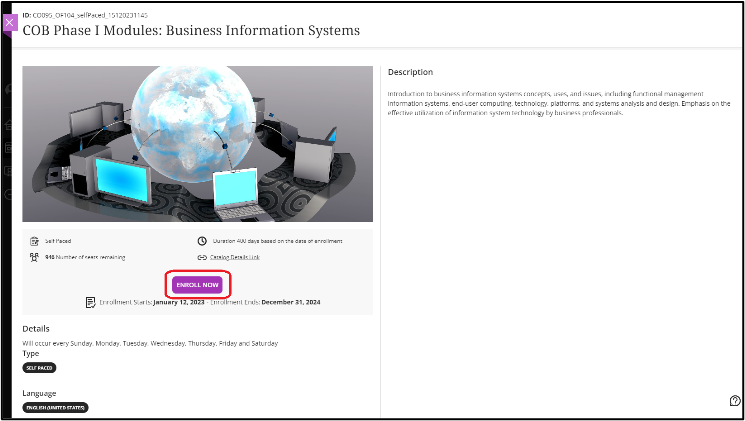 screenshot of the course information page highlighting the enroll now button