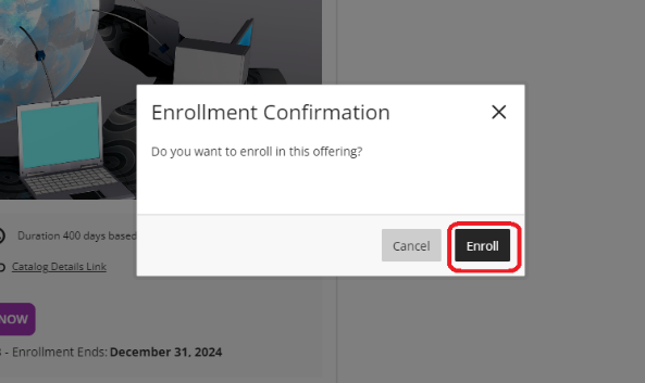 screenshot of the enrollment confirmation popup window