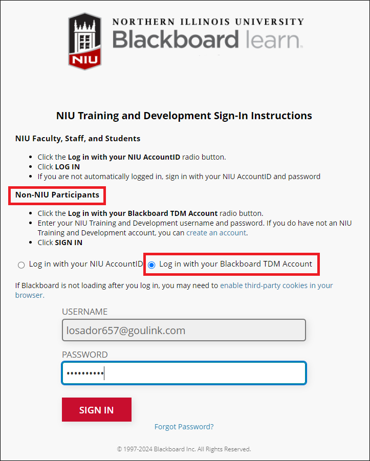 screenshot of TDM sign in page highlighting the Log in with your Blackboard TDM Account option