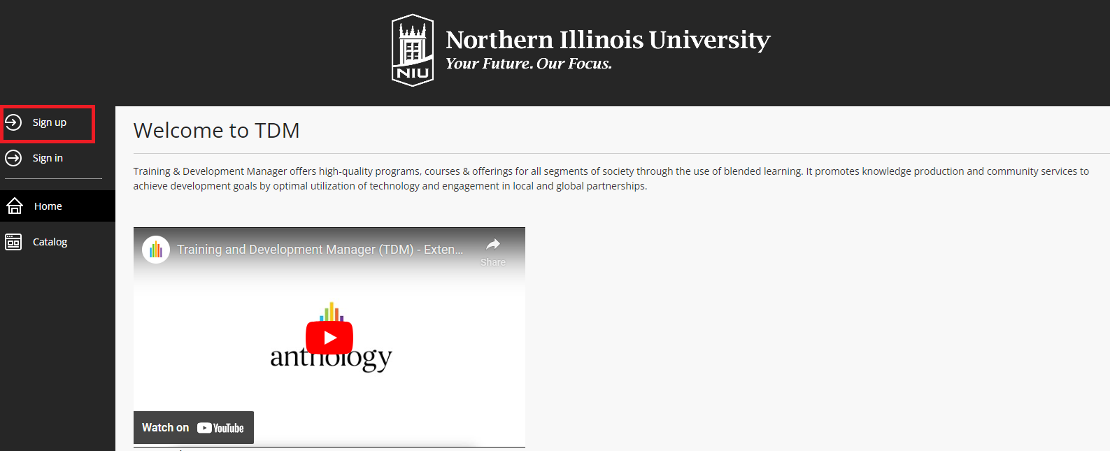 screenshot of NIU TDM home page highlighting the link to sign up for an account