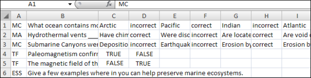 sample of questions formatted in Excel for upload to Ultra