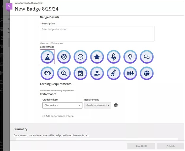 Screenshot of creating a badge in Blackboard Achievements