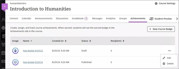 Screenshot of Achievements list in a Blackboard course