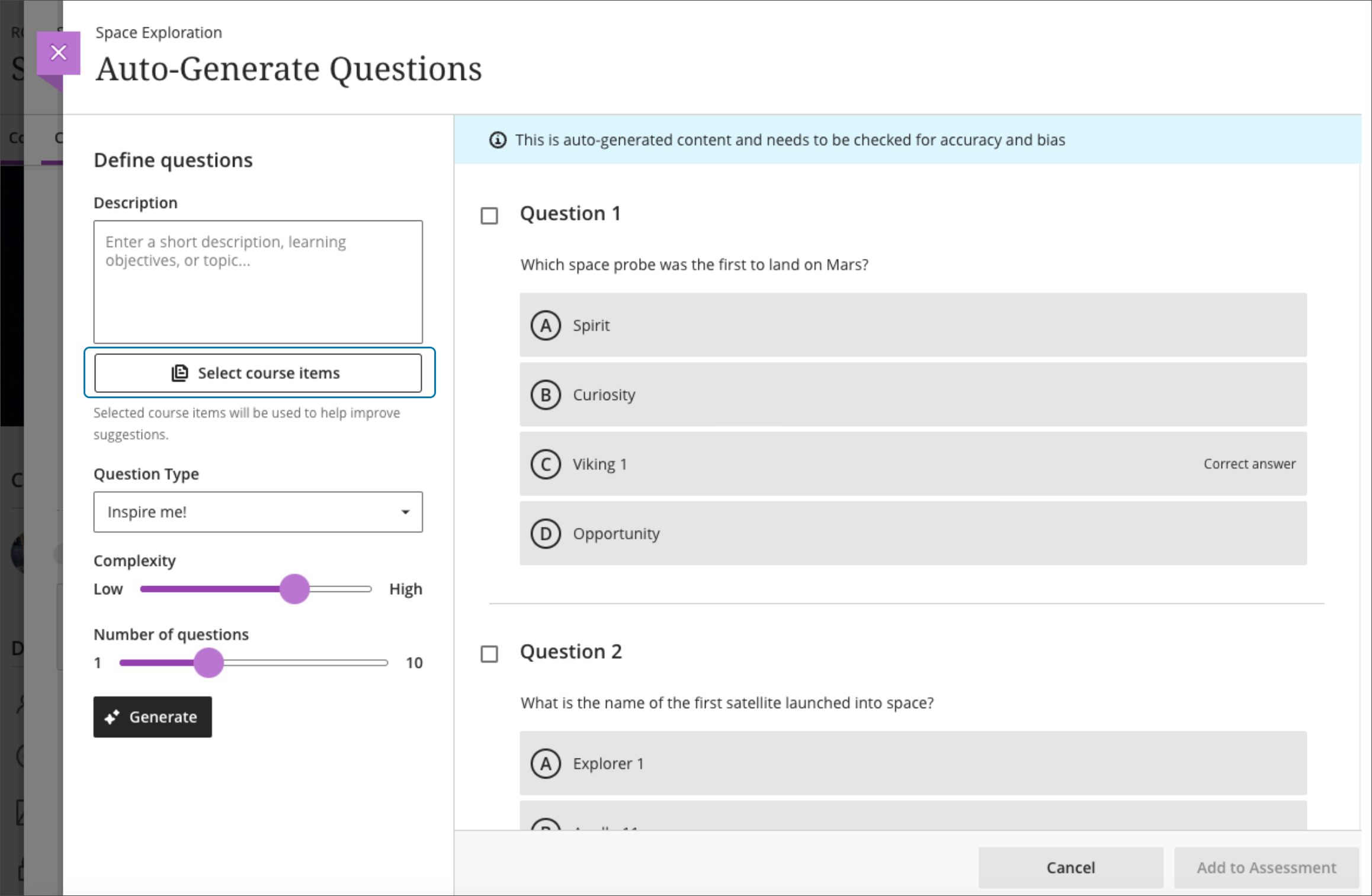 screenshot of the AI Design Assistant question generator, highlighting the Select course items button