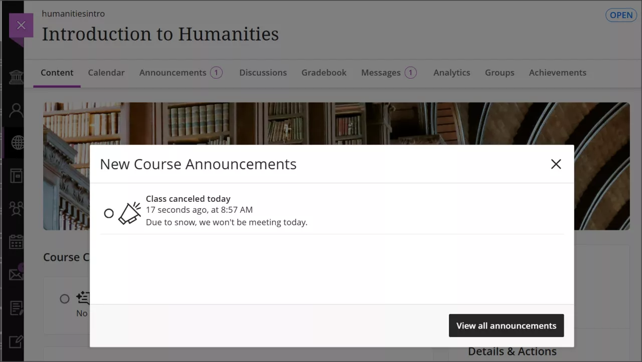 screenshot of a Blackboard course with an announcement pop-up