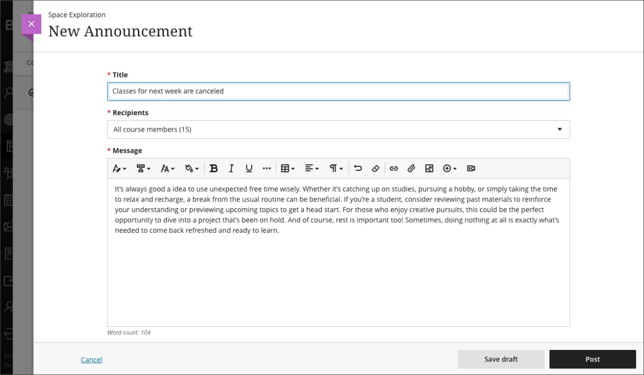 screenshot of the announcement editor in the Blackboard Ultra Course View, with new Safe draft and Post buttons at the bottom of the page