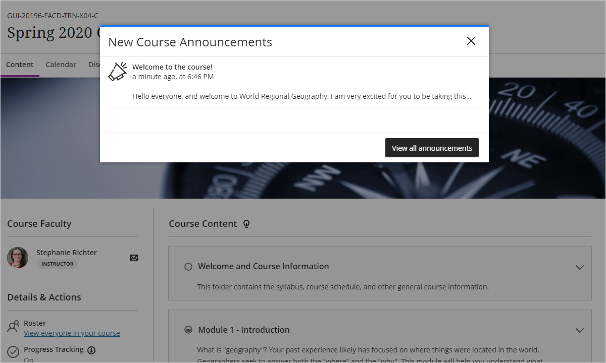 announcement in a pop-up window within the Ultra Course View