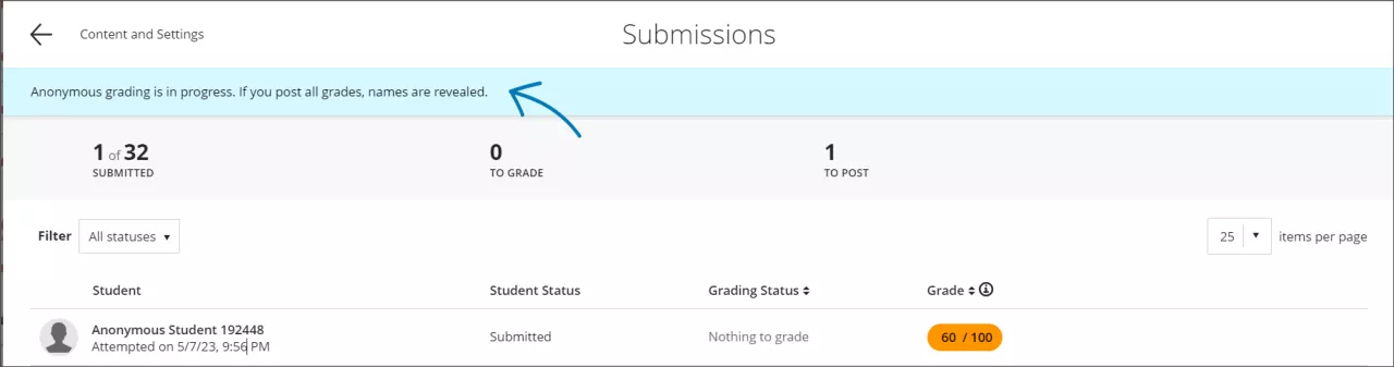 Assignment submission list with anonymous grading enabled