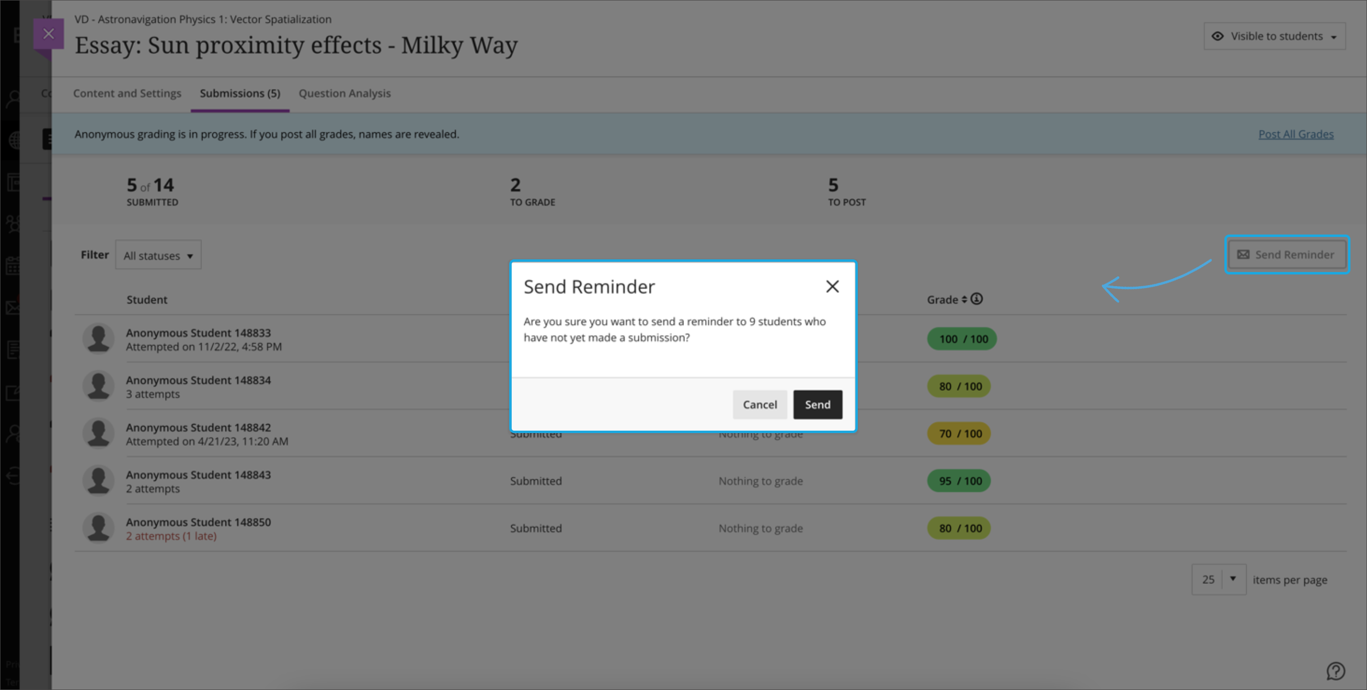 screenshot demonstrating highlighting the Send Reminder button for an anonymously graded assessment