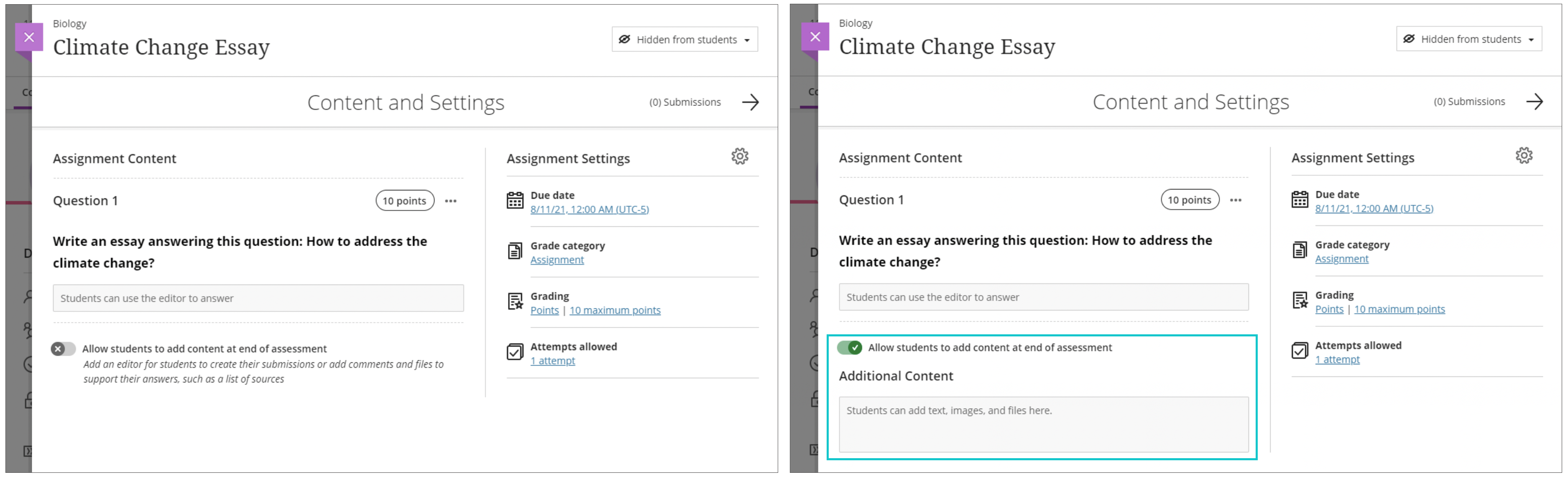 click the "Allow students to add content at end of assessment" toggle to enable a field where students can add text, images, or files at the end of an assessment as additional evidence